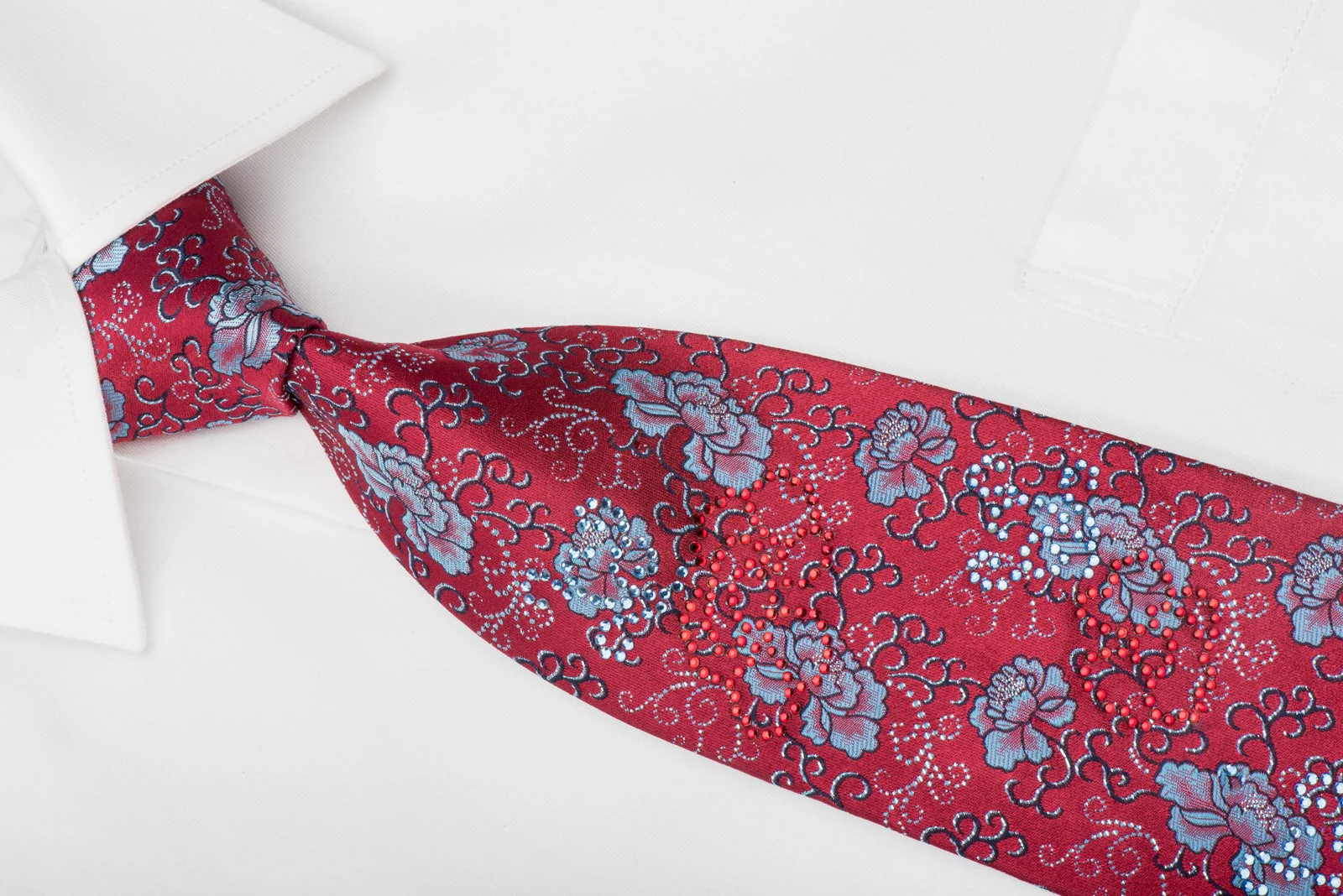 Grang Cia Rhinestone Tie Blue Floral On Red With Blue Sparkles - Image 3