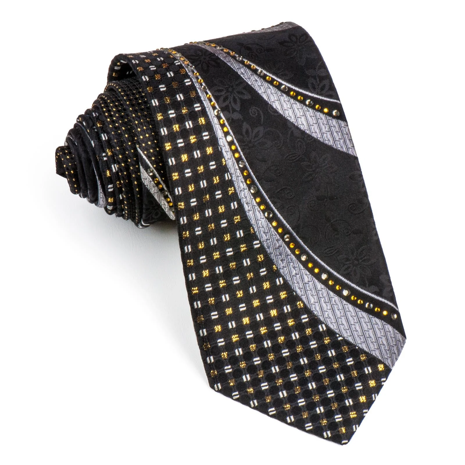 Grang Cia Rhinestone Tie Silver Waves On Black Silk With Golden Sparkles