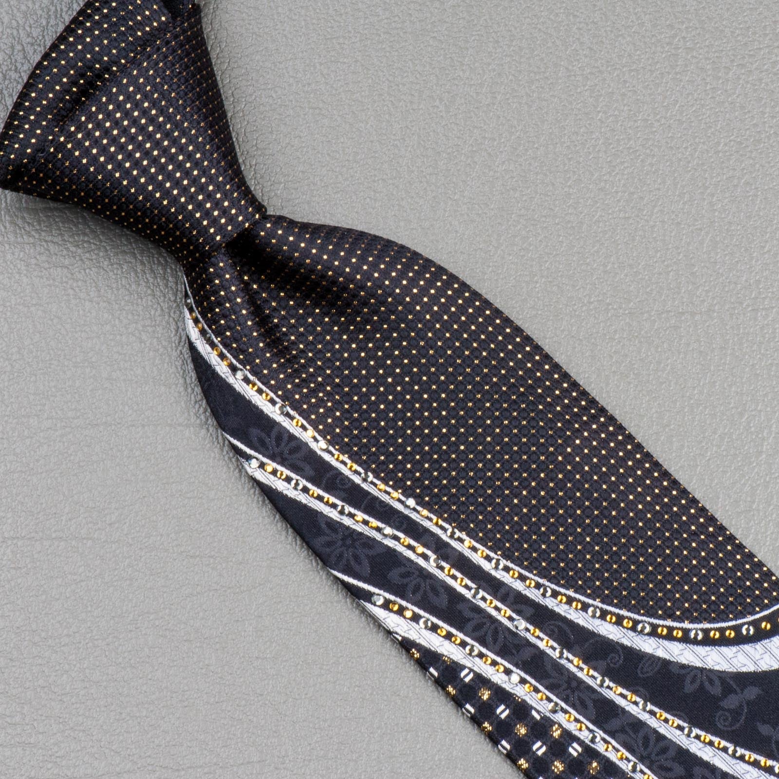 Grang Cia Rhinestone Tie Silver Waves On Black Silk With Golden Sparkles - Image 9