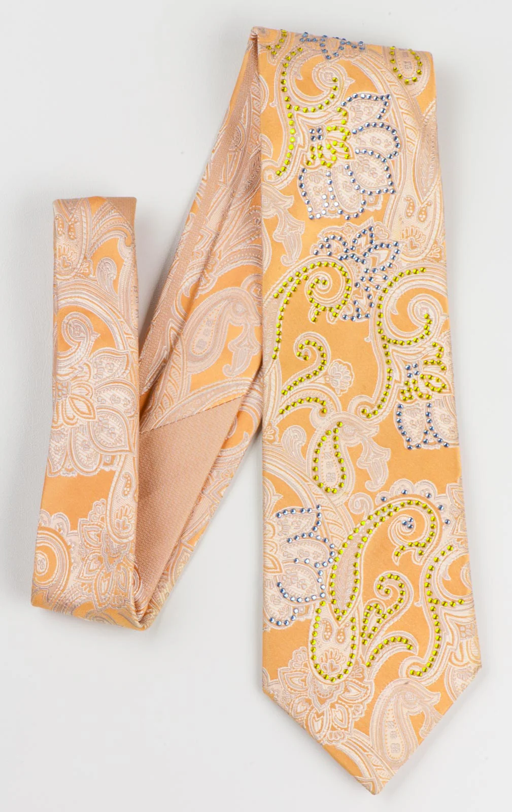 Grang Cia Silk Necktie Paisley On Peach With Yellow & Blue Rhinestones - Image 2