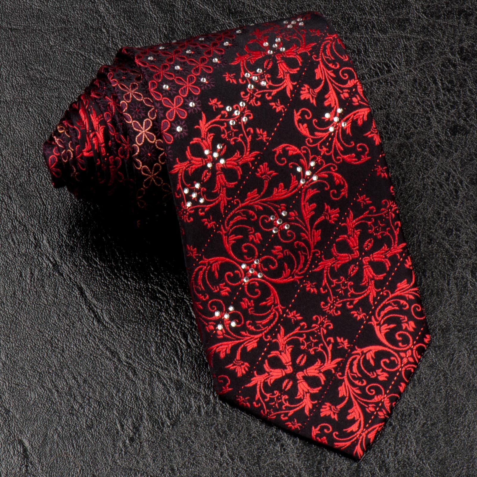 Grang Cia Silk NeckTie Red Damask With Rhinestones On Black 3 1/4 Inch