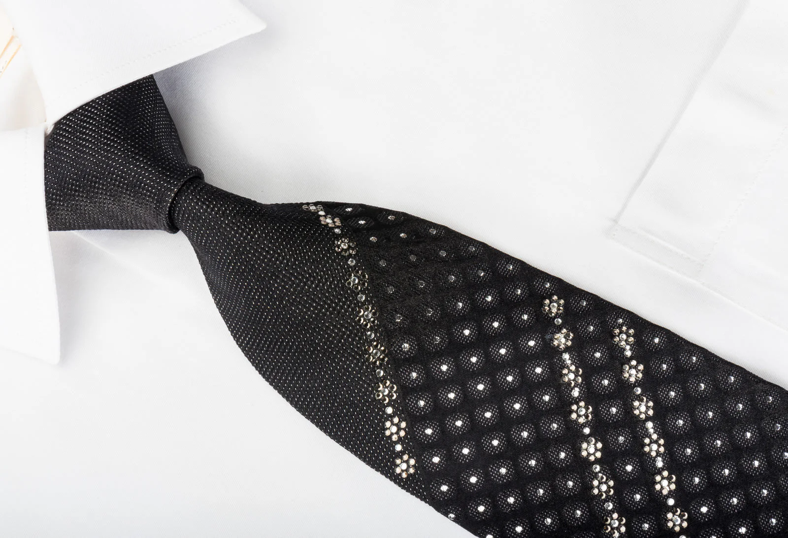 Grang Cia Silk Necktie Silver Dots On Black Sparkling With Rhinestones - Image 7