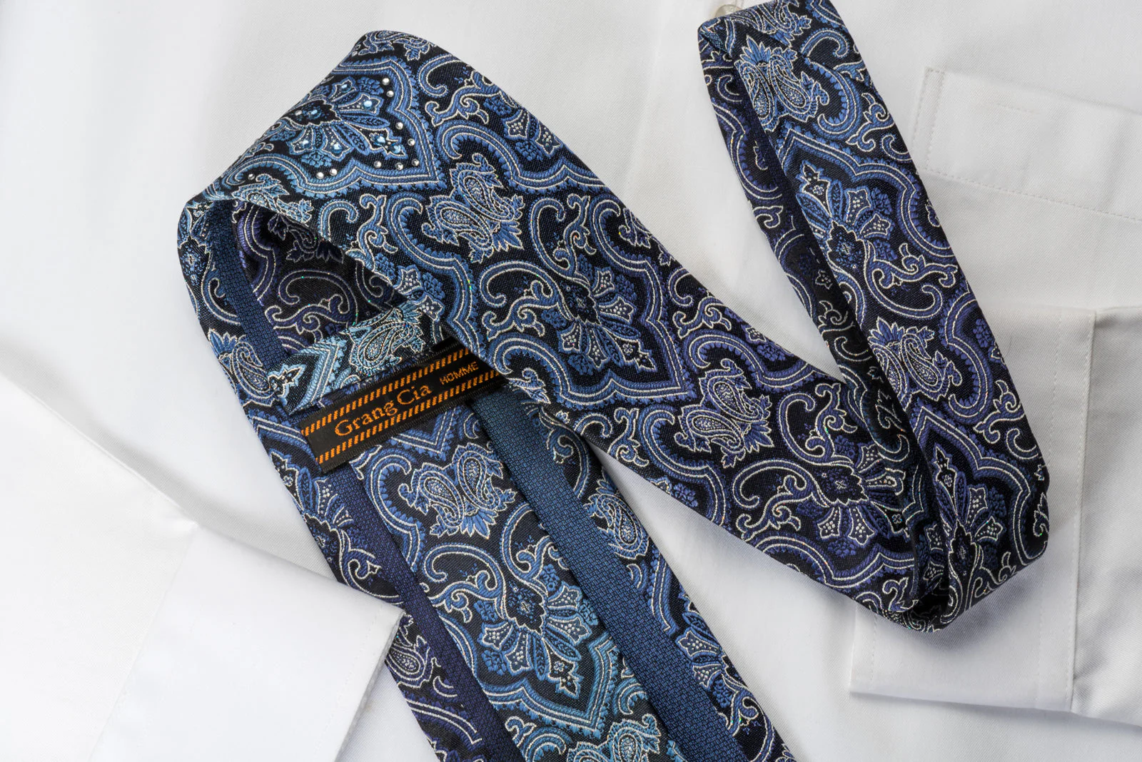 Grang Cia Silk Rhinestone Necktie Damask On Blue With Silver Sparkles - Image 6