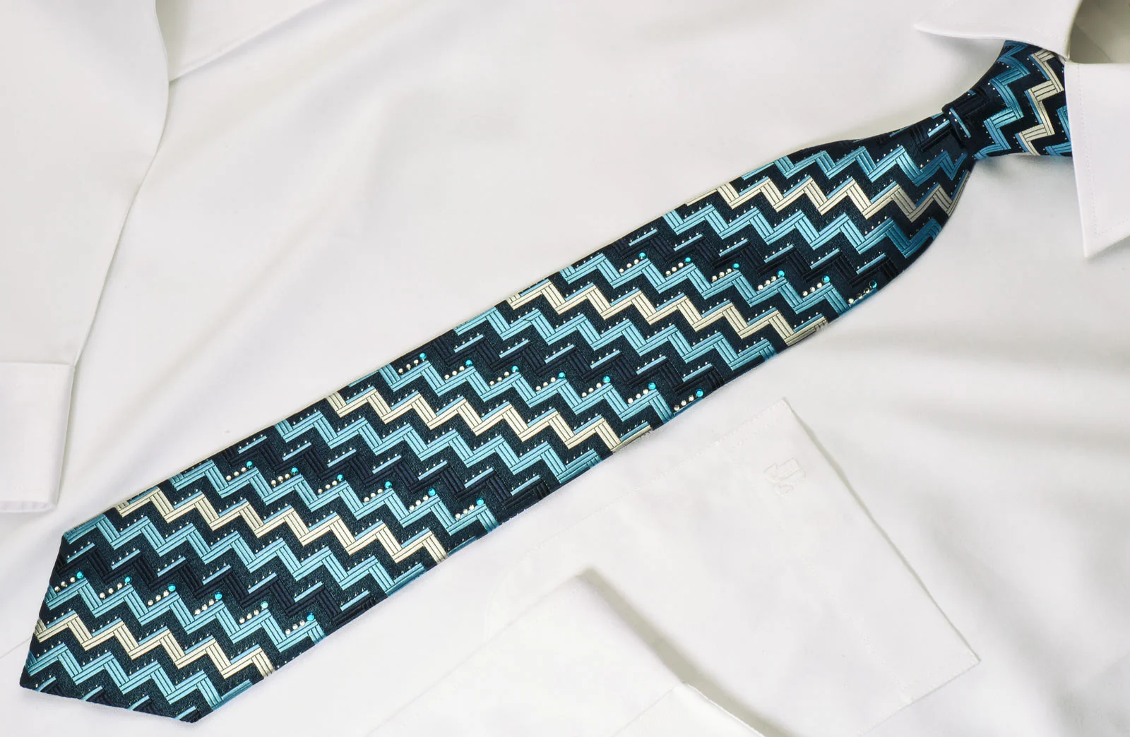 Grang Cia Silk Rhinestone Necktie Zig Zags On Blue With Silver Sparkles - Image 5