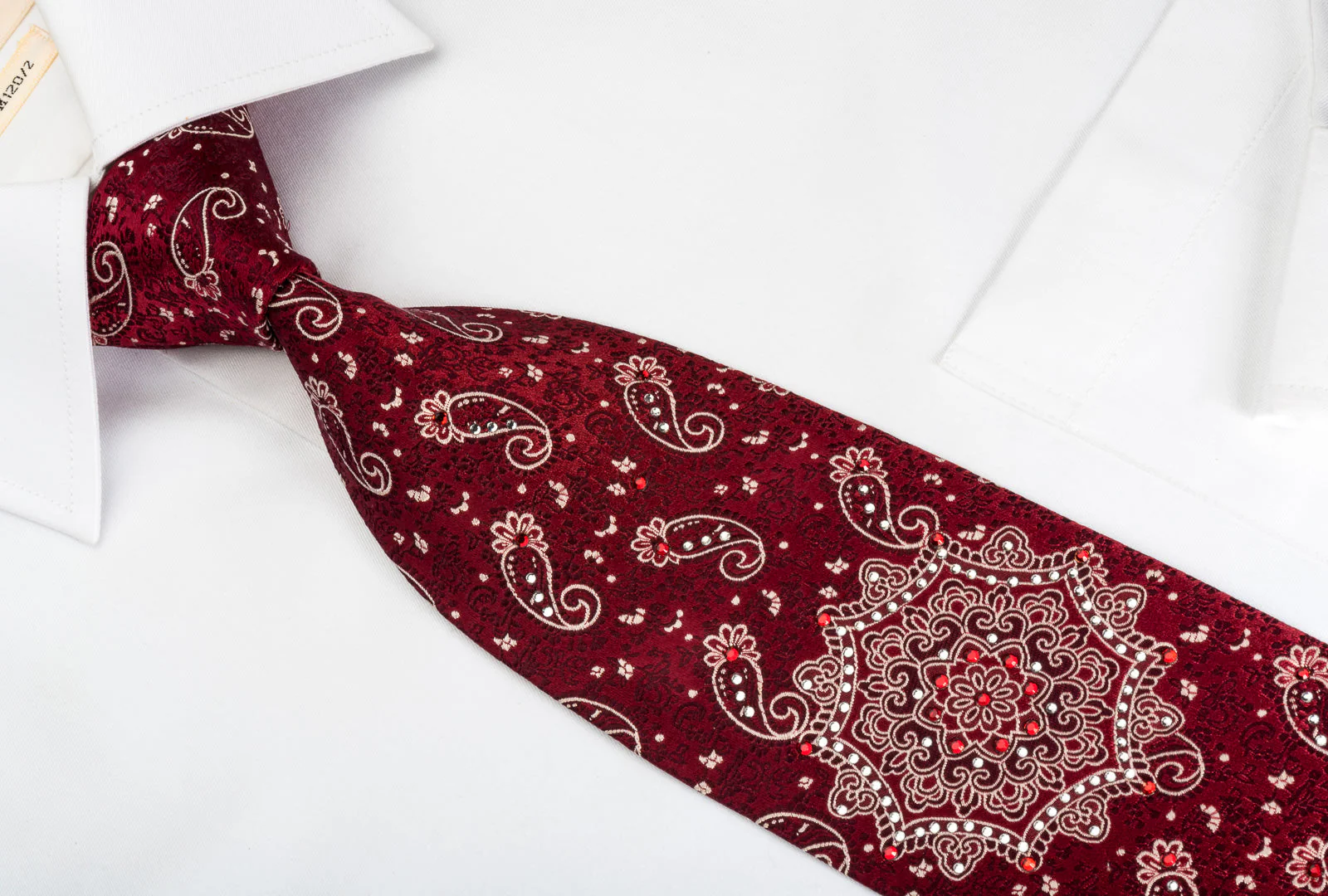 Grang Cia Silk Tie Arabesque On Burgundy Sparkling With White Red Rhinestones - Image 3