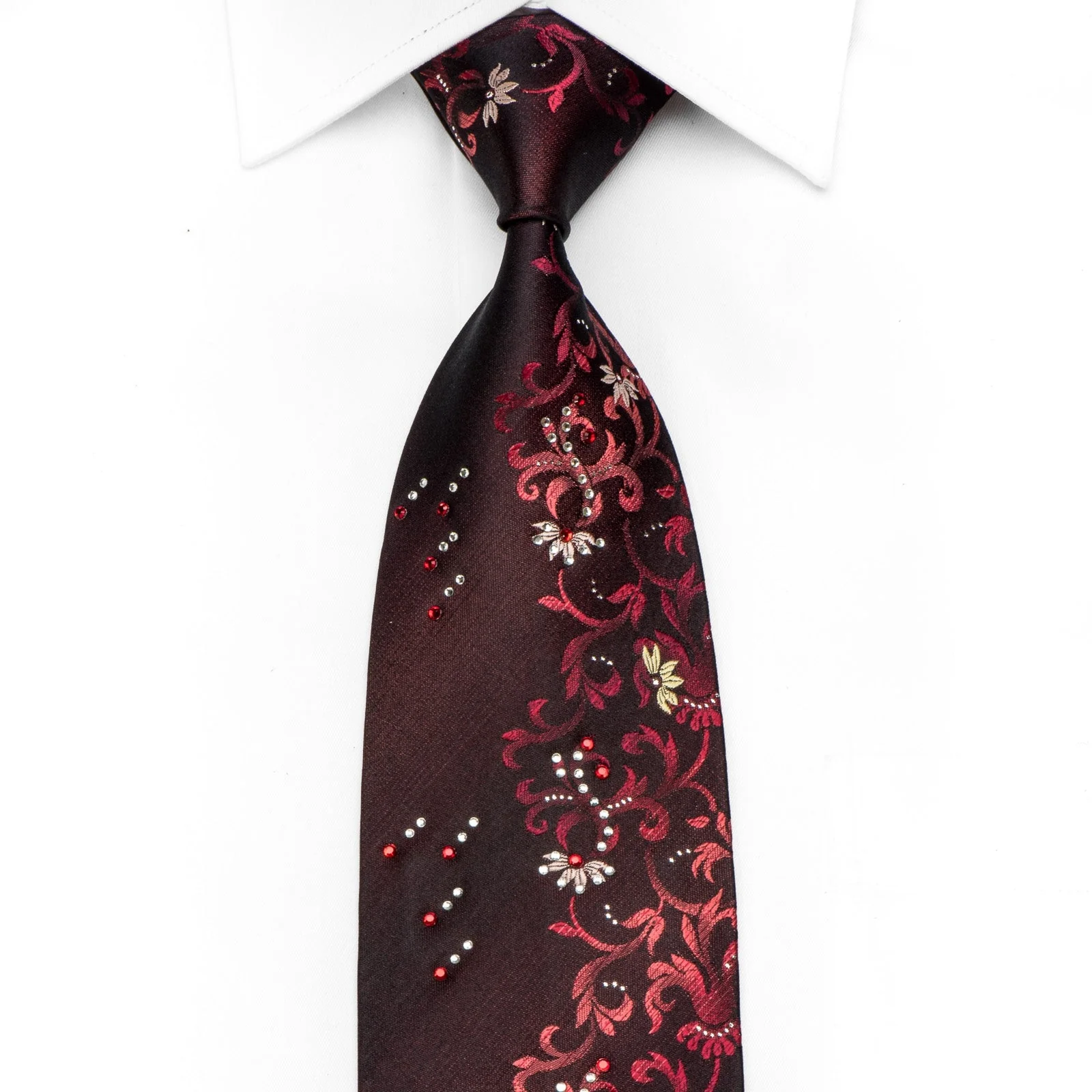 Grazie Men's Crystal Silk Tie Floral On Burgundy With Silver Sparkles