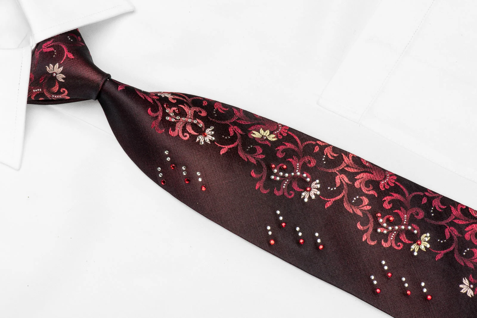 Grazie Men's Crystal Silk Tie Floral On Burgundy With Silver Sparkles - Image 2