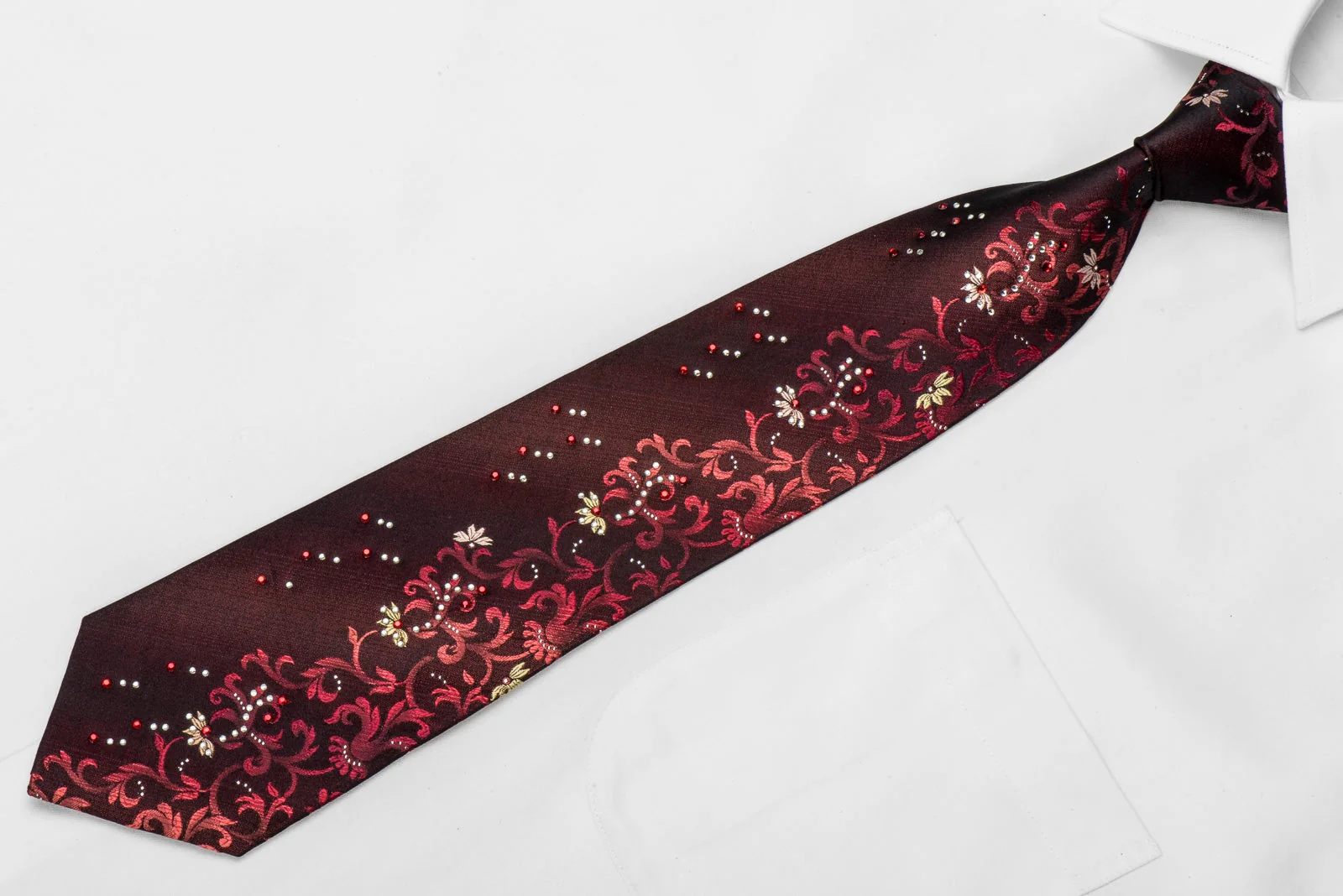 Grazie Men's Crystal Silk Tie Floral On Burgundy With Silver Sparkles - Image 3