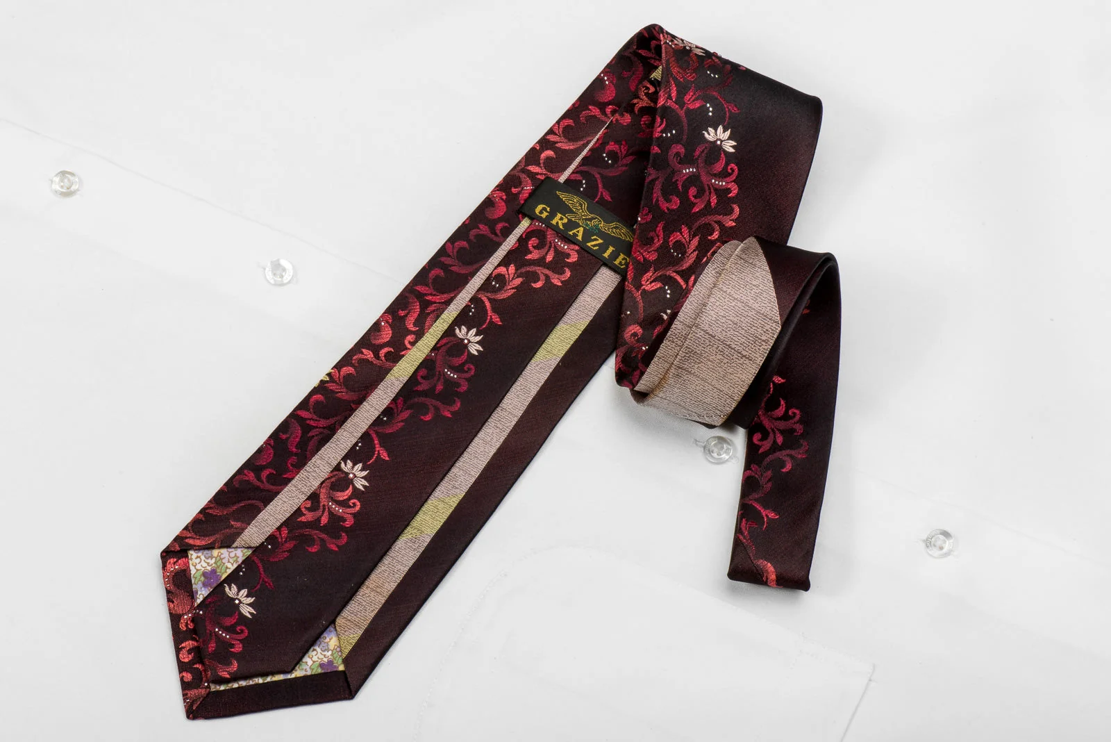 Grazie Men's Crystal Silk Tie Floral On Burgundy With Silver Sparkles - Image 4