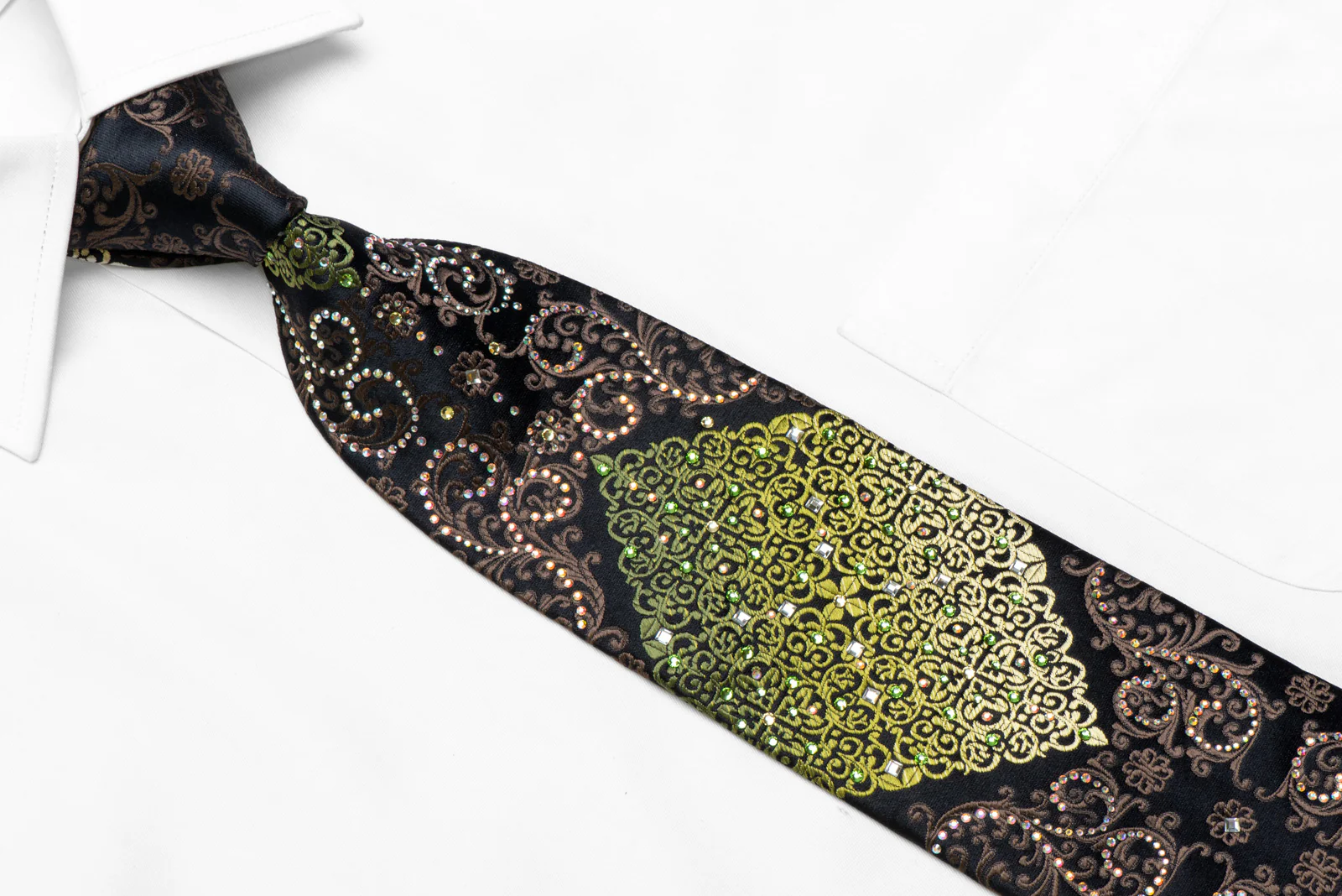 Green Brown Damask On Black Rhinestone Silk Necktie - Image 2