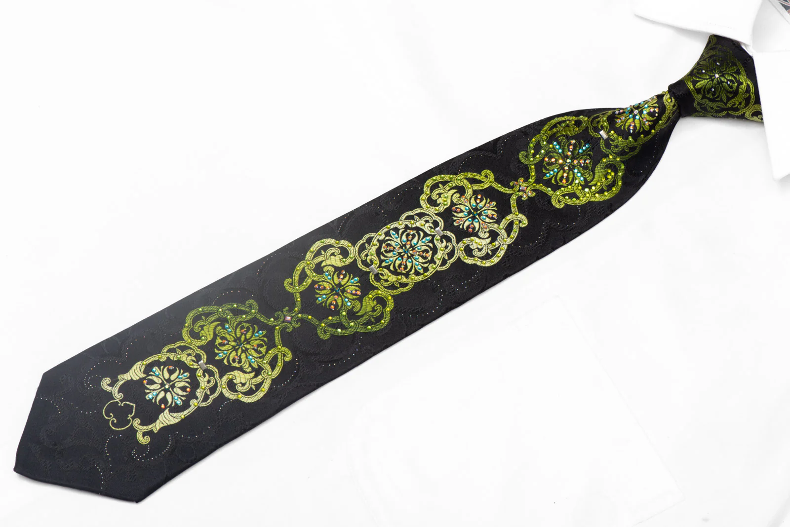 Green Damask On Black Rhinestone Silk Tie With Sparkles - Image 2