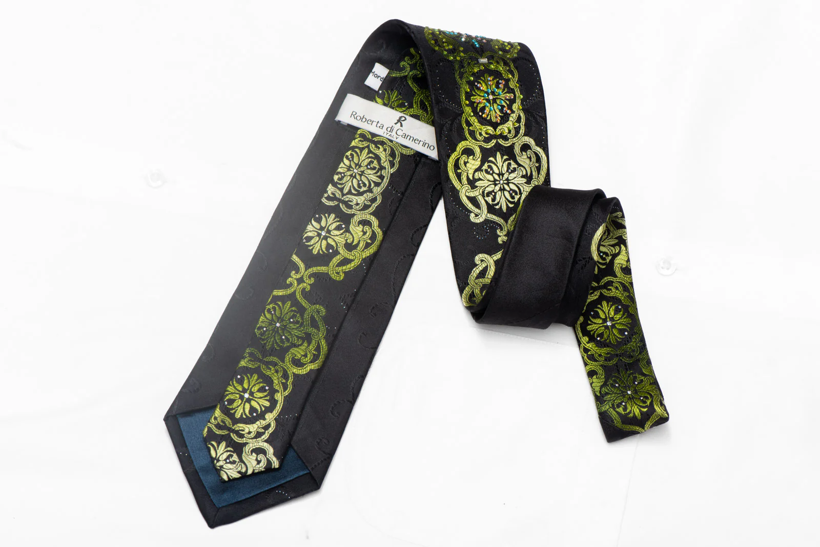 Green Damask On Black Rhinestone Silk Tie With Sparkles - Image 3