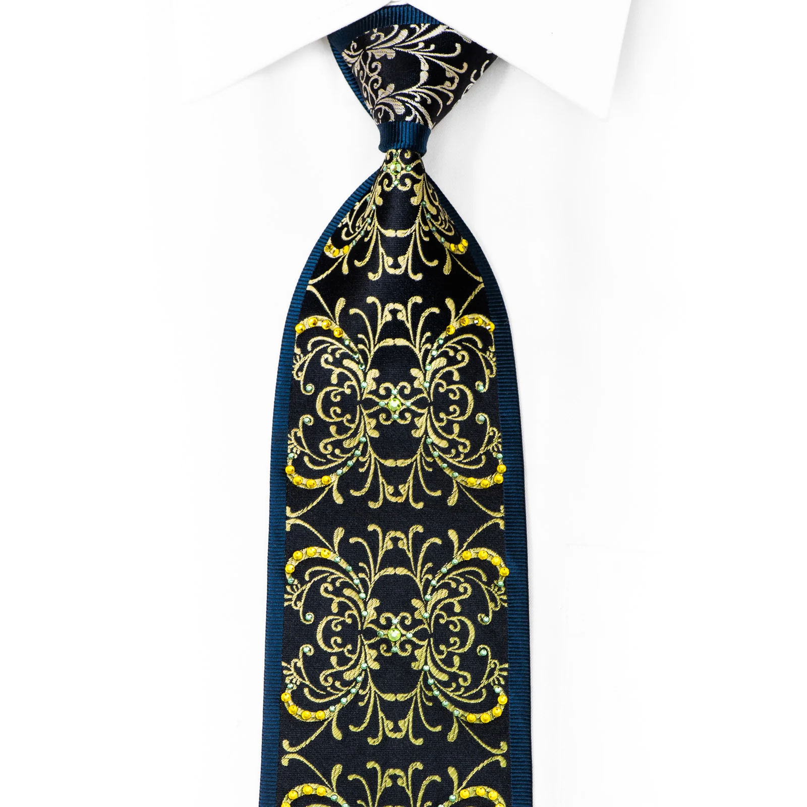 Green Damask On Navy Rhinestone Silk Necktie