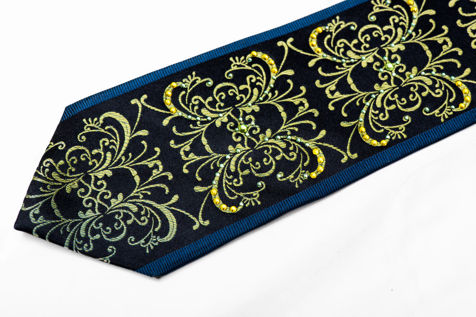 Green Damask On Navy Rhinestone Silk Necktie - Image 4