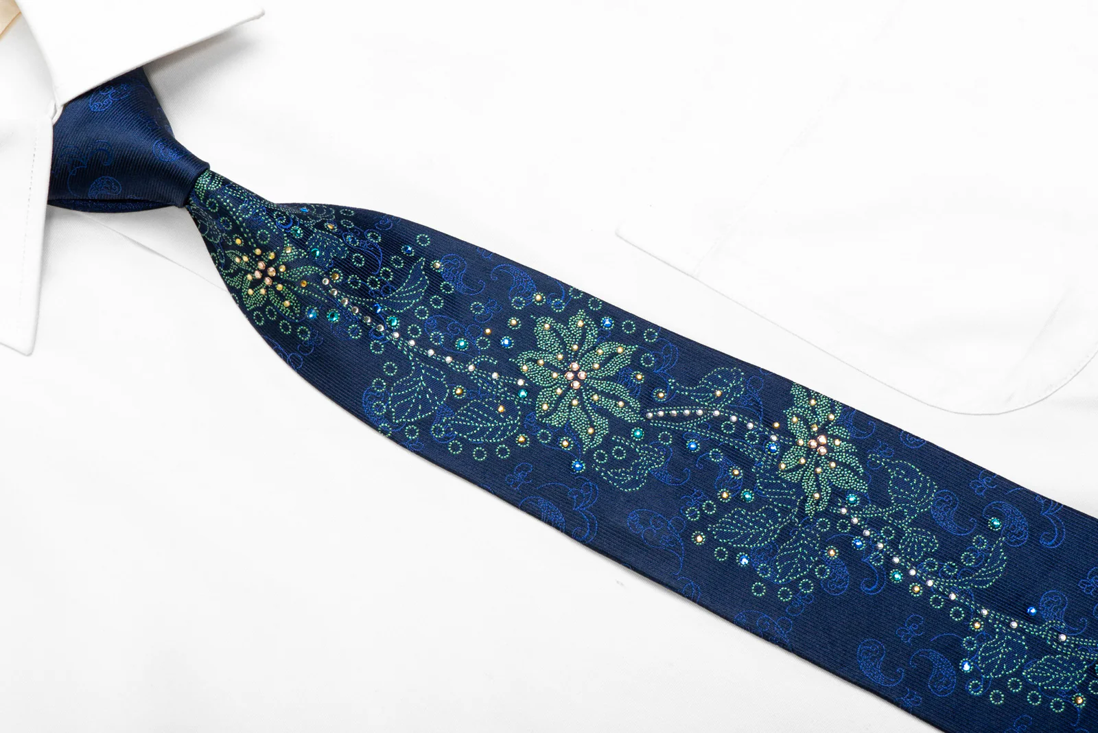 Green Floral On Blue Rhinestone Silk Necktie With Sarjkles - Image 2