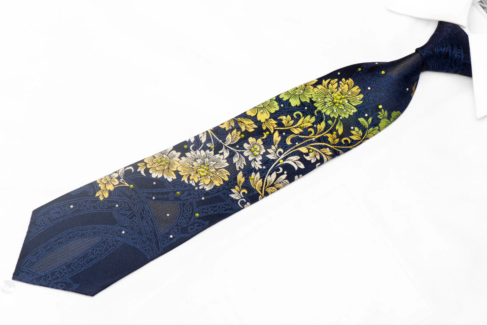 Green Floral On Navy Rhinestone Silk Tie With Silver Sparkles - Image 2