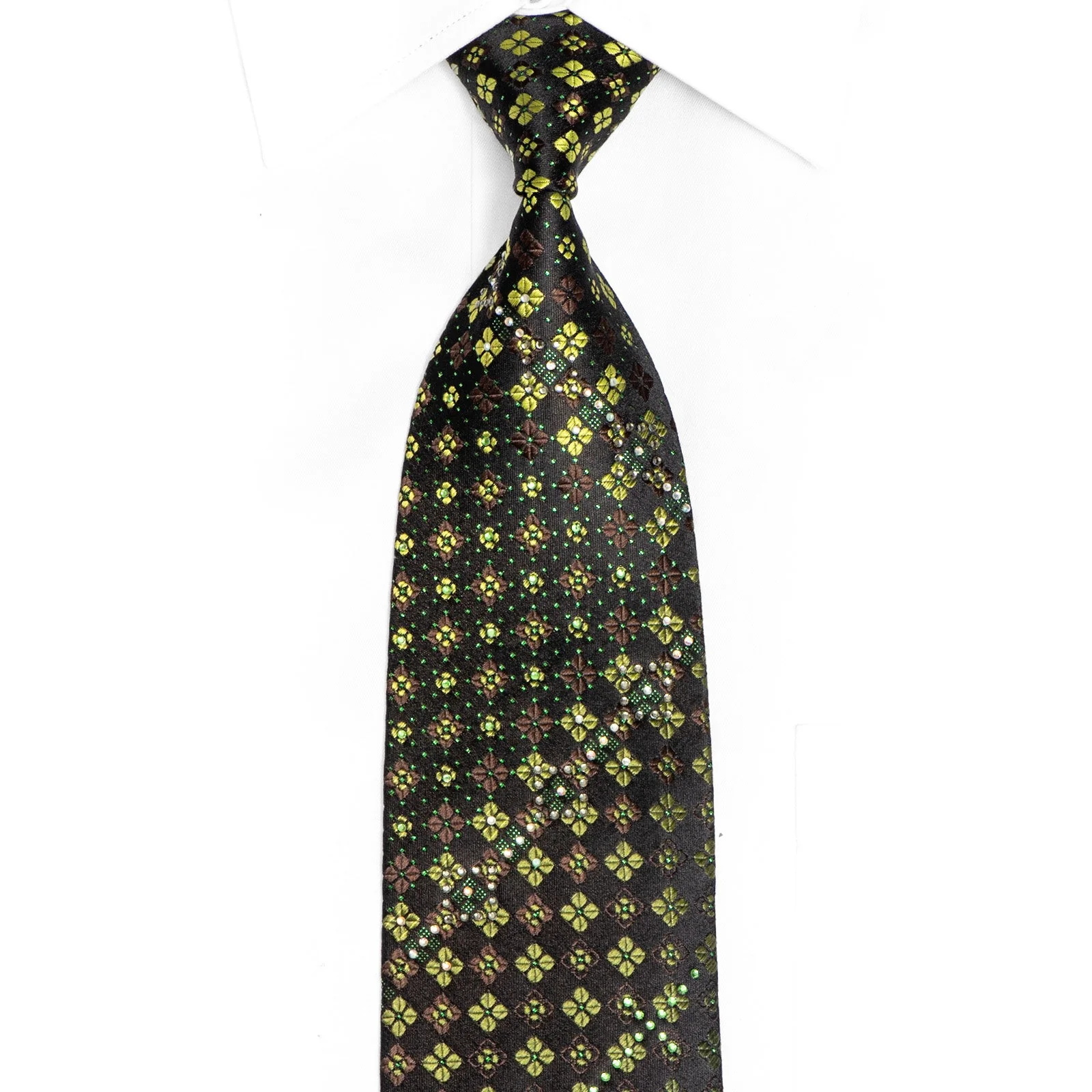 Green Foulard On Black Rhinestone Silk Necktie With Green Sparkles
