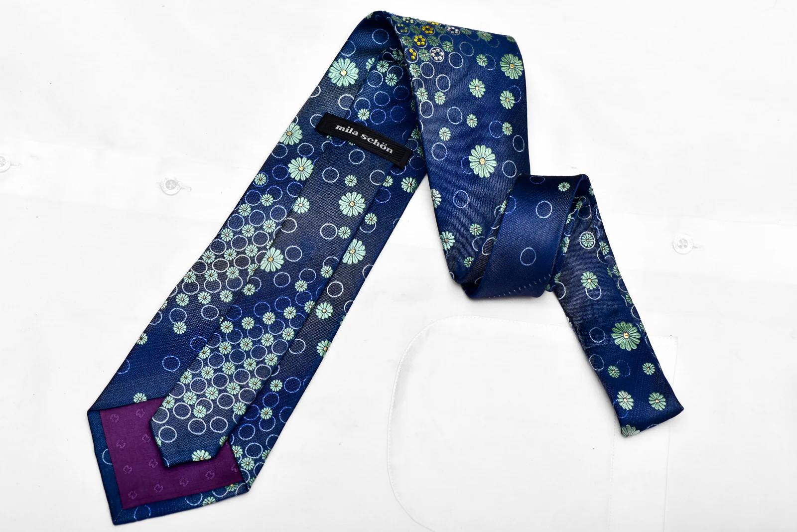 Green Geometric Floral On Blue Rhinestone Silk Necktie With Sparkles - Image 4