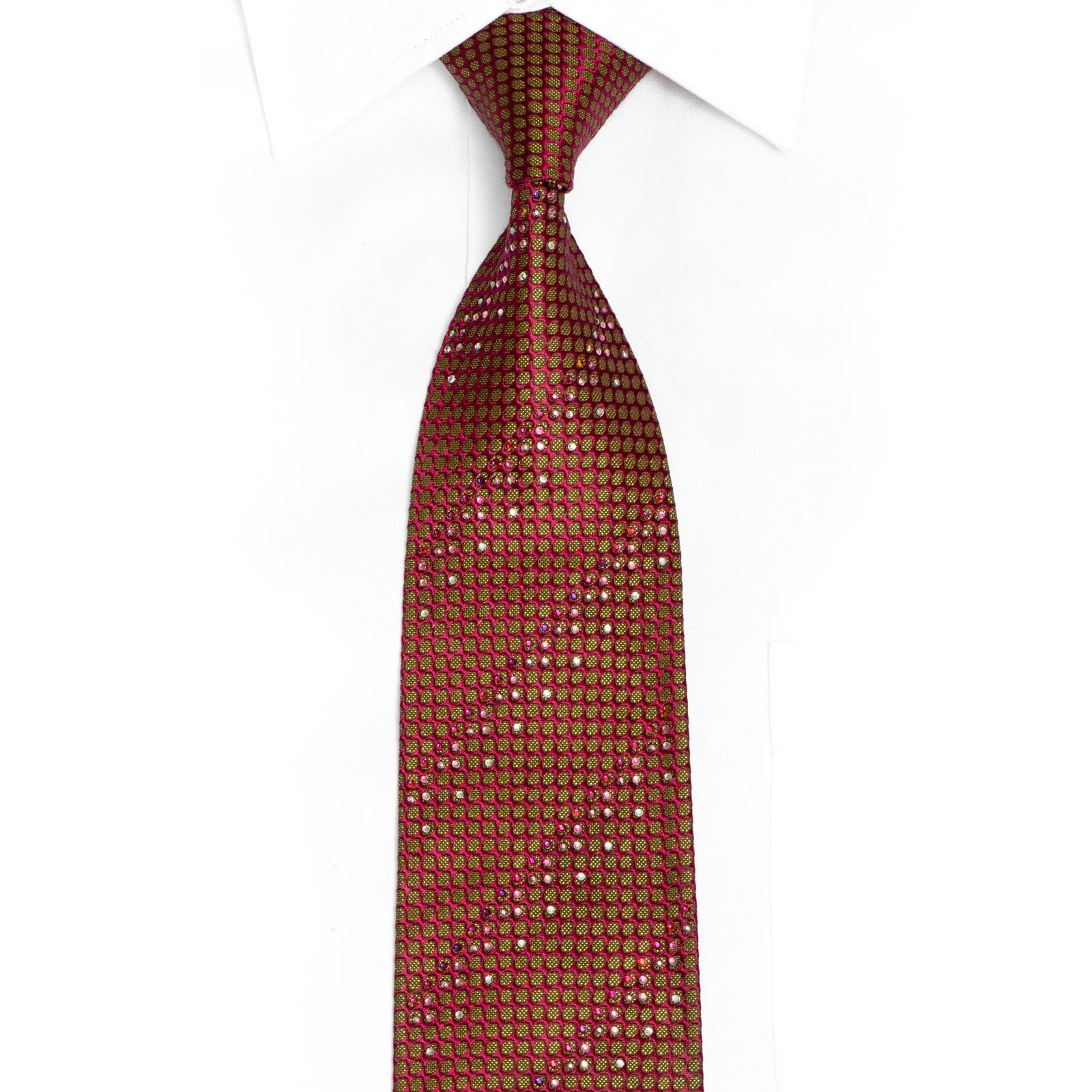 Green Geometric On Purple Rhinestone Silk Tie With Gold Sparkles
