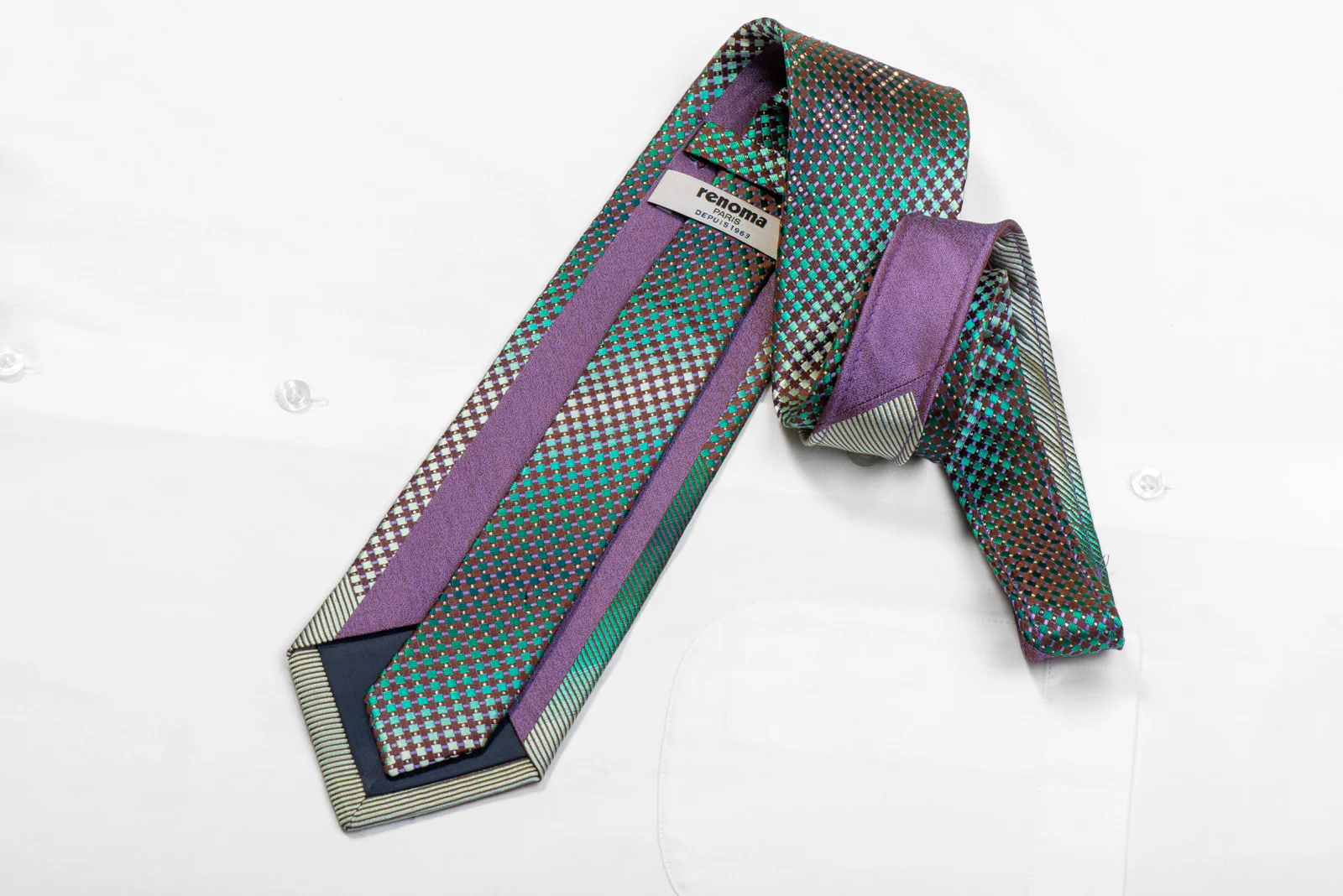 Green Micro Squares On Brown Rhinestone Silk Necktie With Sparkles - Image 4