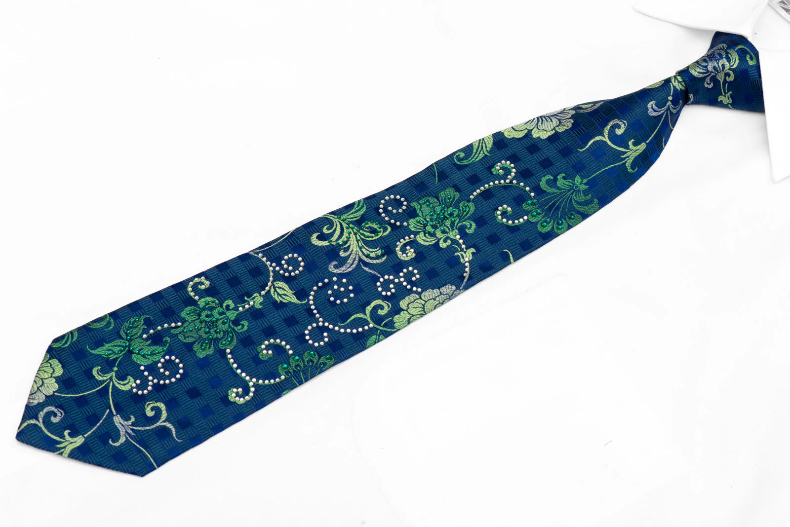 Green Silver Floral On Blue Rhinestone Tie With Silver Sparkles - Image 2