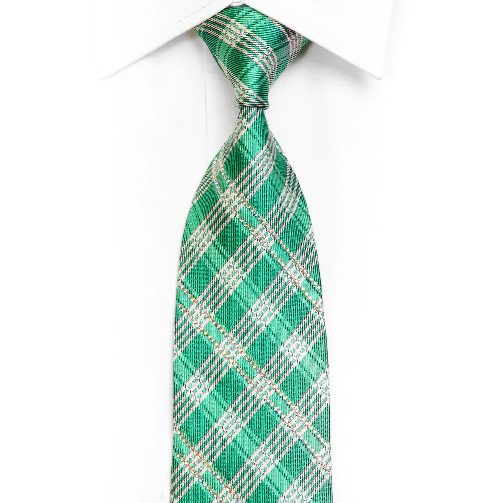 Green Silver Plaid Striped Rhinestone Silk Necktie With Silver Sparkles