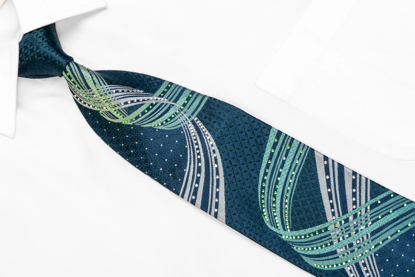 Green Silver Waves & Geometric On Navy Rhinestone Tie With Silver Sparkles - Image 2