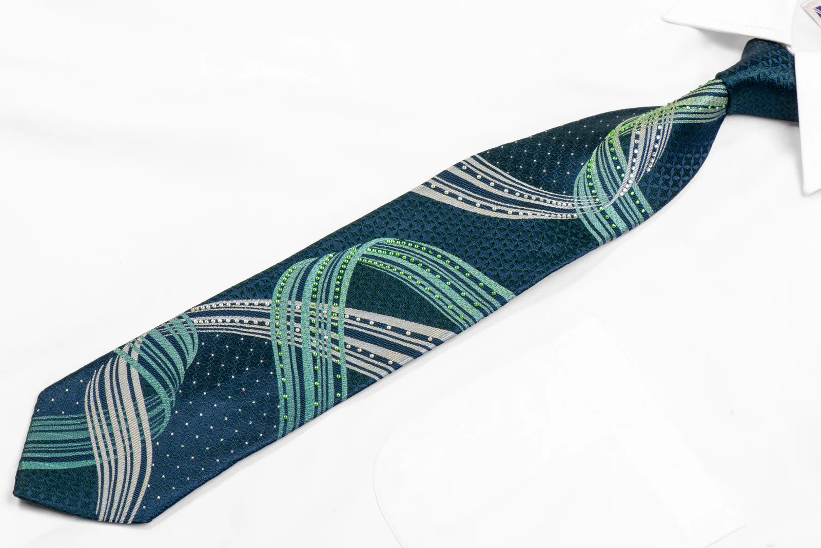 Green Silver Waves & Geometric On Navy Rhinestone Tie With Silver Sparkles - Image 3