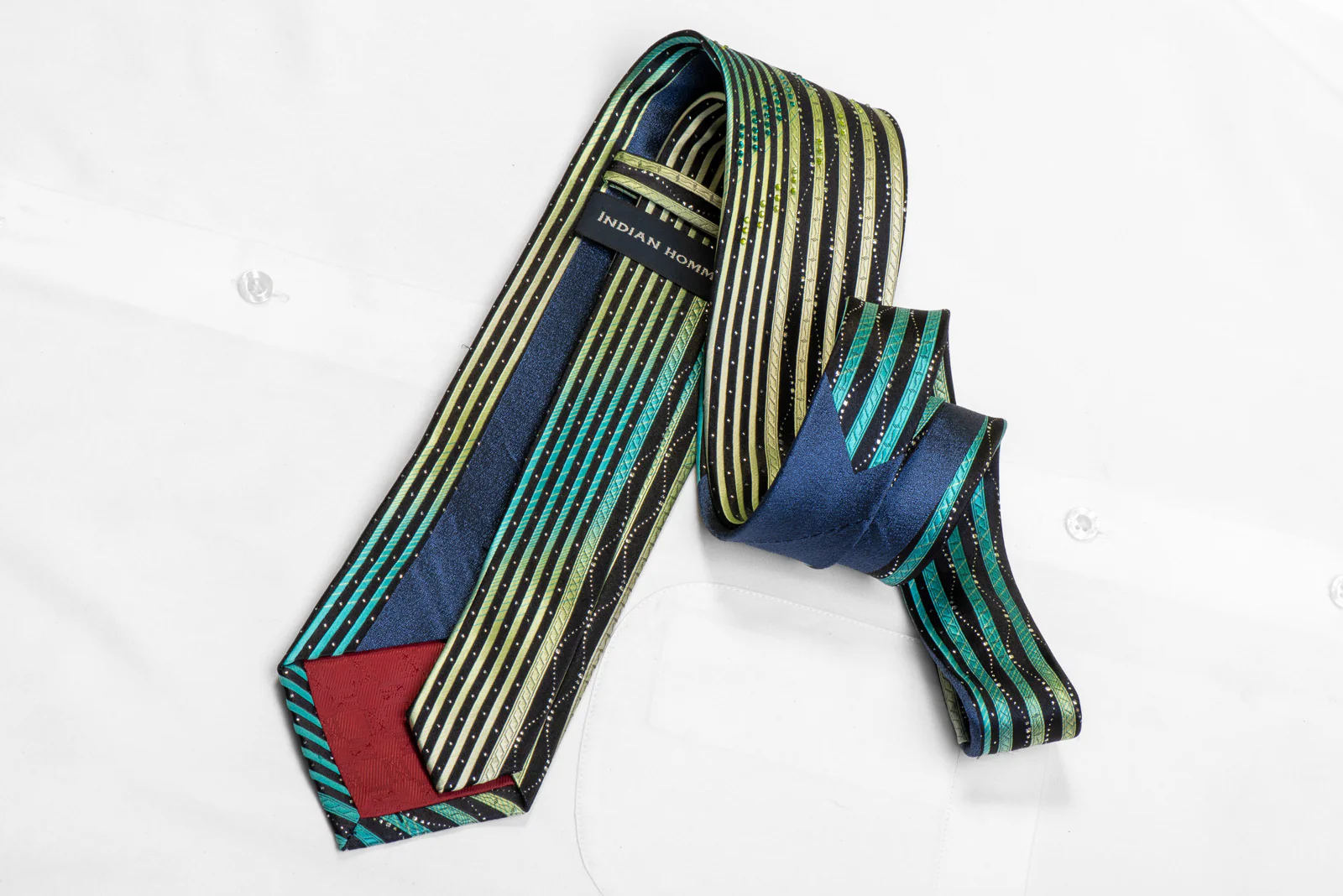 Green Vertical Striped On Black Rhinestone Silk Tie With Sparkles - Image 4
