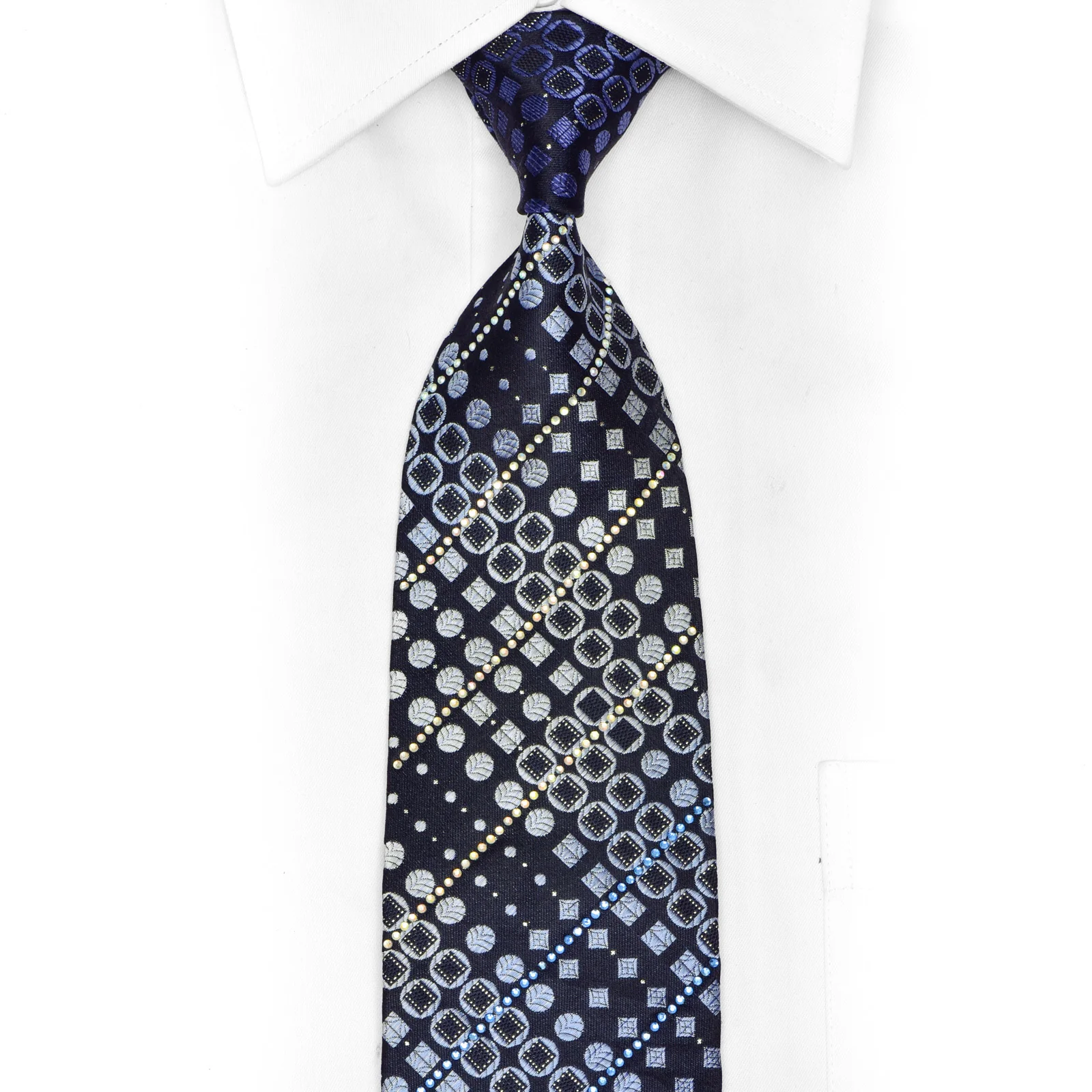 Blue Geometric On Navy Rhinestone Silk Tie With Silver Sparkles