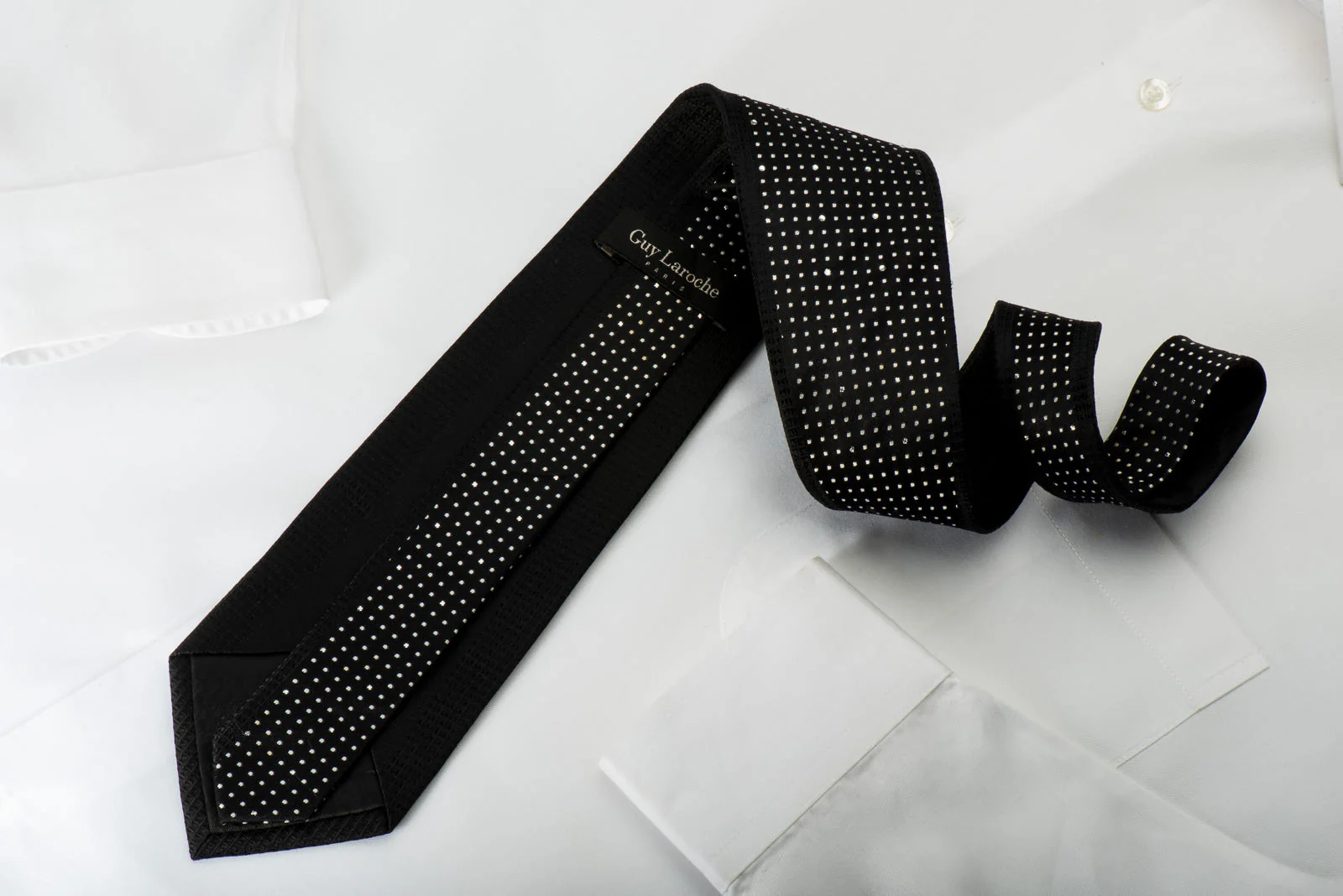 Guy Laroche Black Crystal Rhinestone Silk Necktie Silver Dots On Black - Image 7