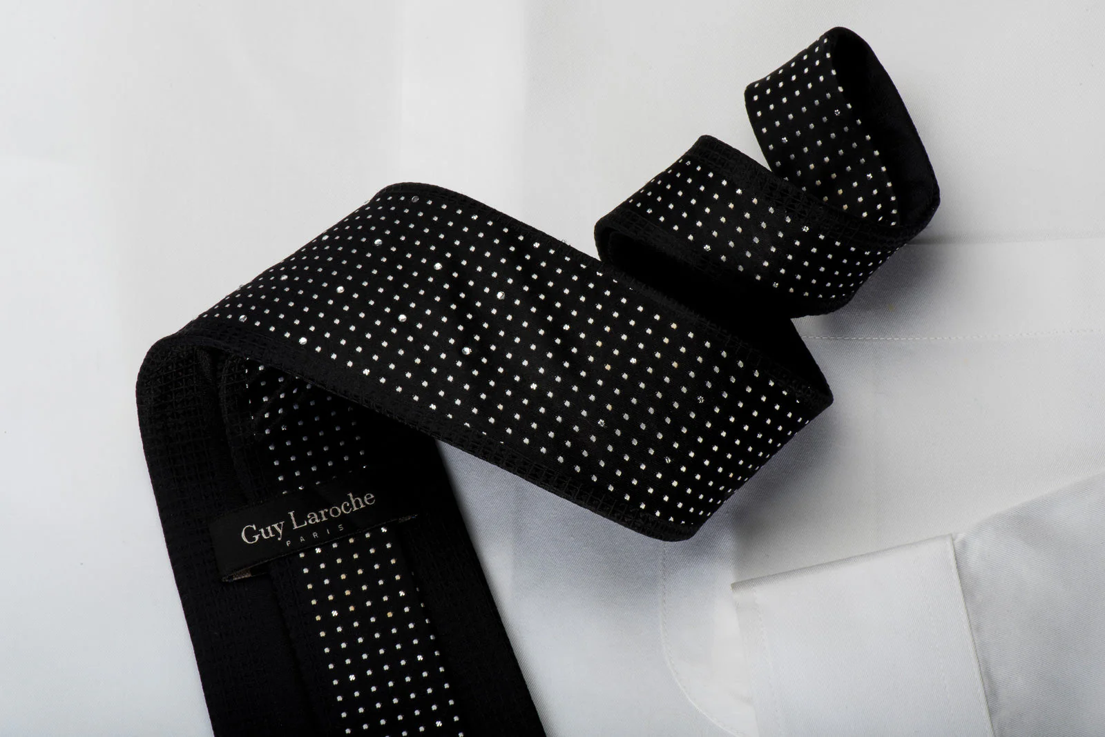 Guy Laroche Black Crystal Rhinestone Silk Necktie Silver Dots On Black - Image 8