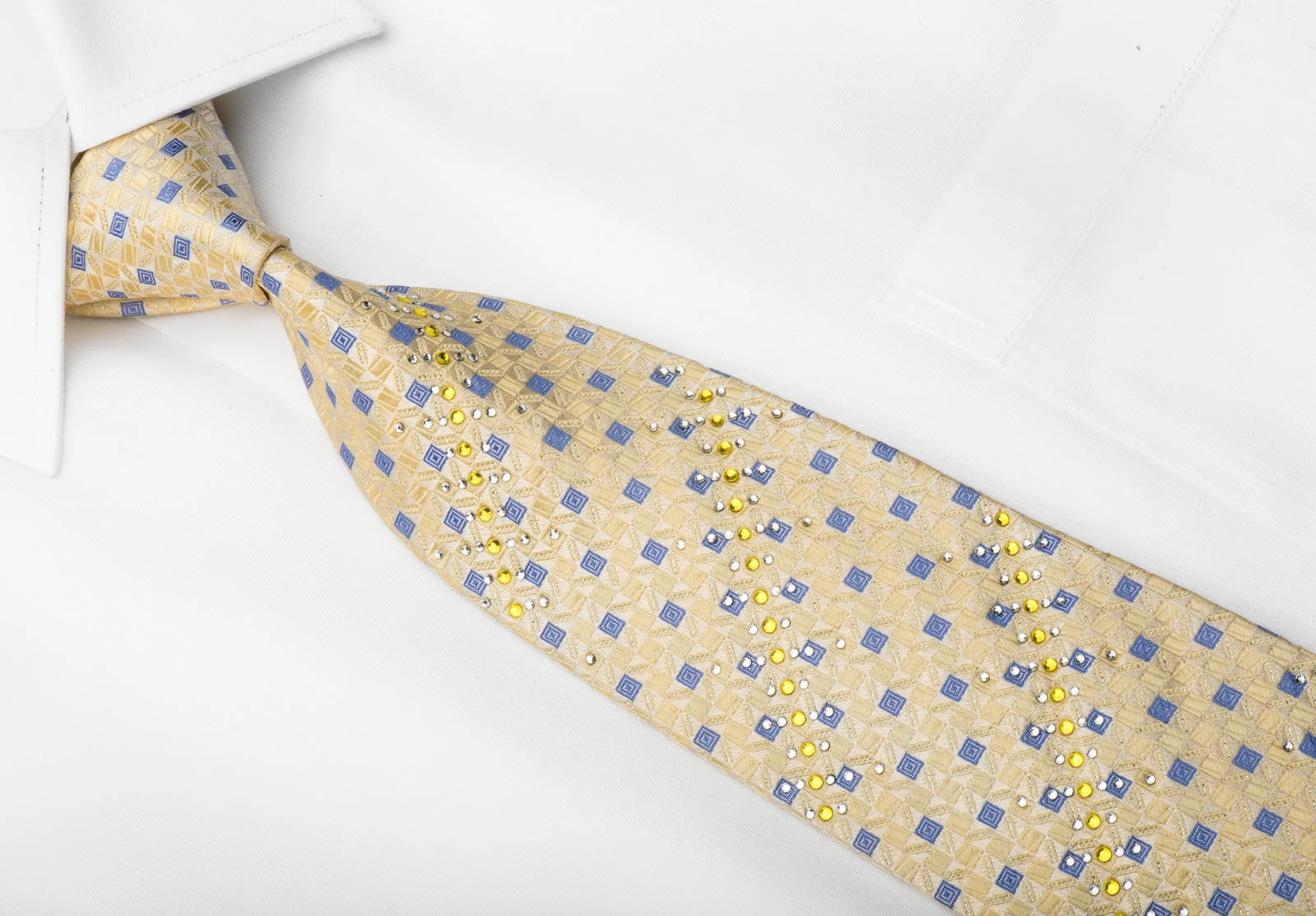 Guy Laroche Men's Crystal Necktie Yellow Blue Checkered With Silver Sparkles - Image 2