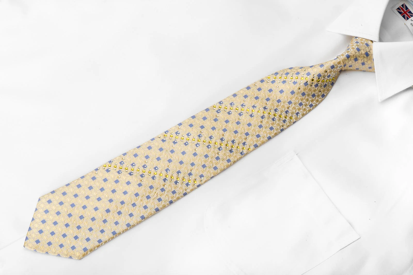 Guy Laroche Men's Crystal Necktie Yellow Blue Checkered With Silver Sparkles - Image 3