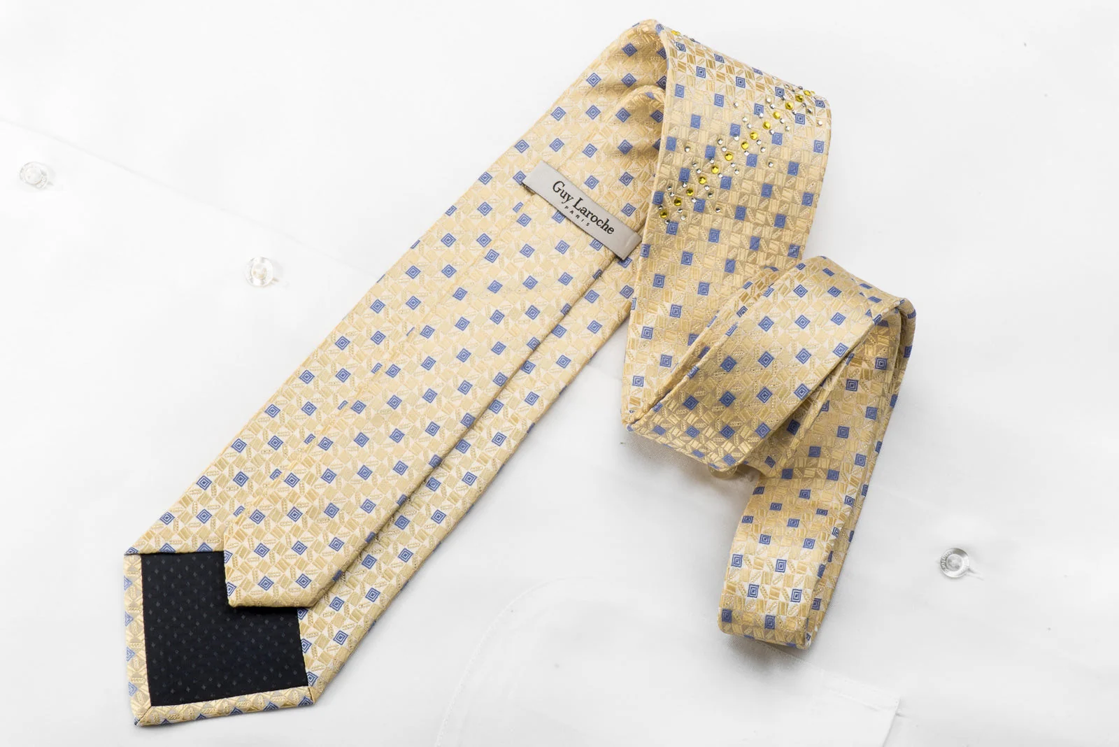 Guy Laroche Men's Crystal Necktie Yellow Blue Checkered With Silver Sparkles - Image 4