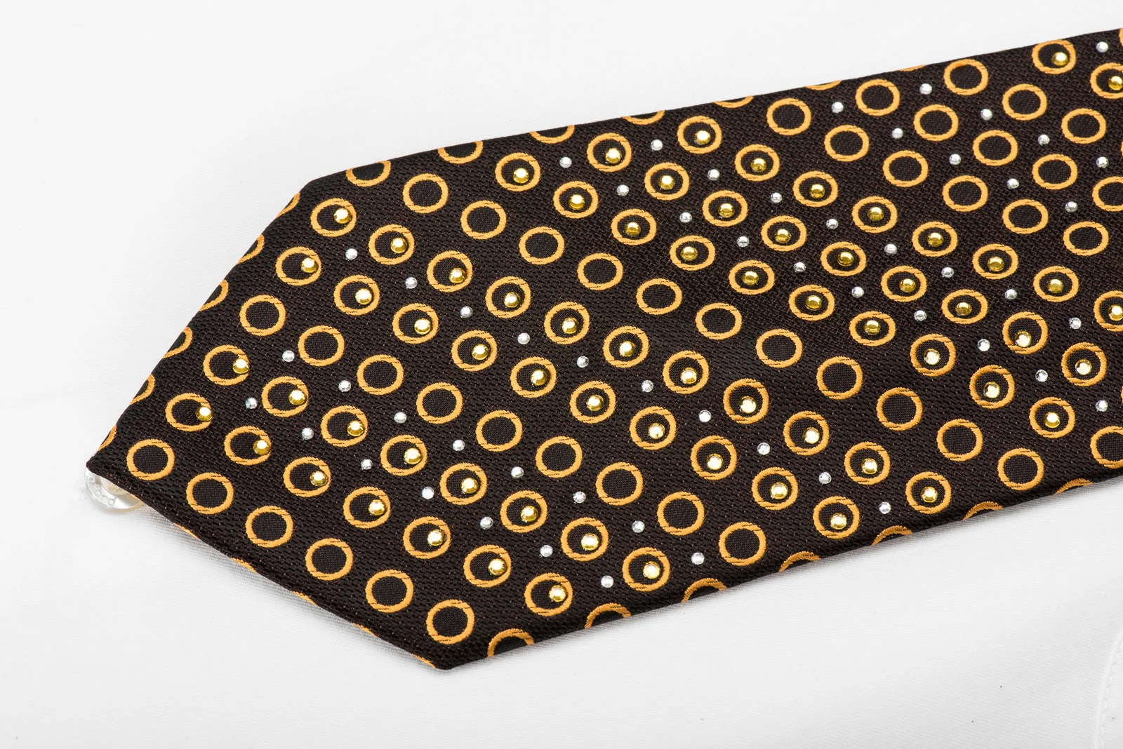 Guy Laroche Men's Crystal Silk Tie Golden Circles On Brown Sparkling With Rhinestones - Image 2