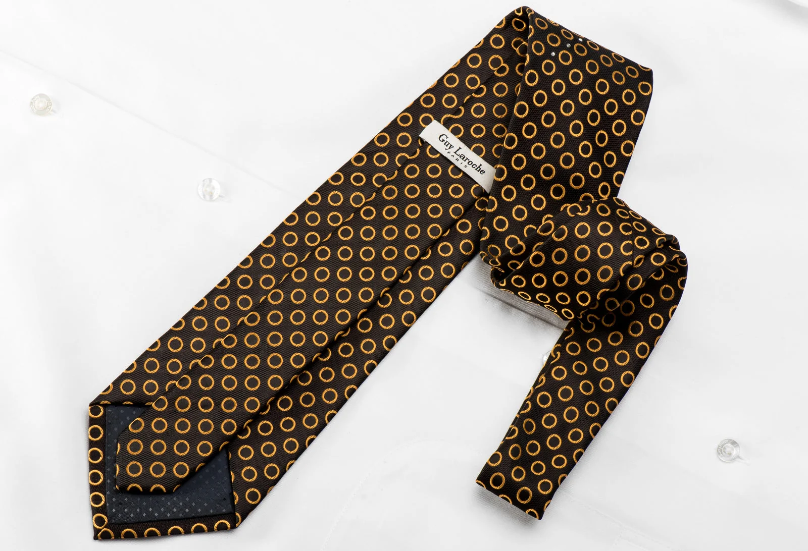 Guy Laroche Men's Crystal Silk Tie Golden Circles On Brown Sparkling With Rhinestones - Image 4