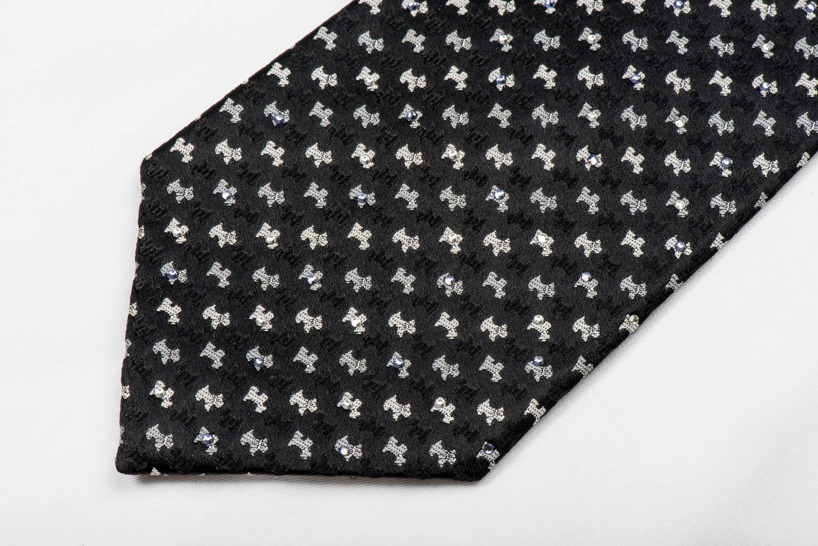 Guy Laroche Men's Crystal Silk Tie Silver Scottie Dogs On Black With Silver Sparkles - Image 3