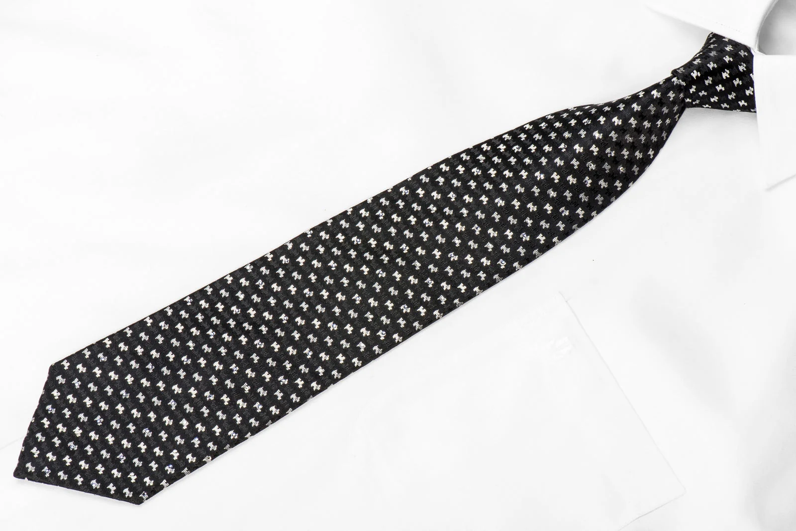 Guy Laroche Men's Crystal Silk Tie Silver Scottie Dogs On Black With Silver Sparkles - Image 4