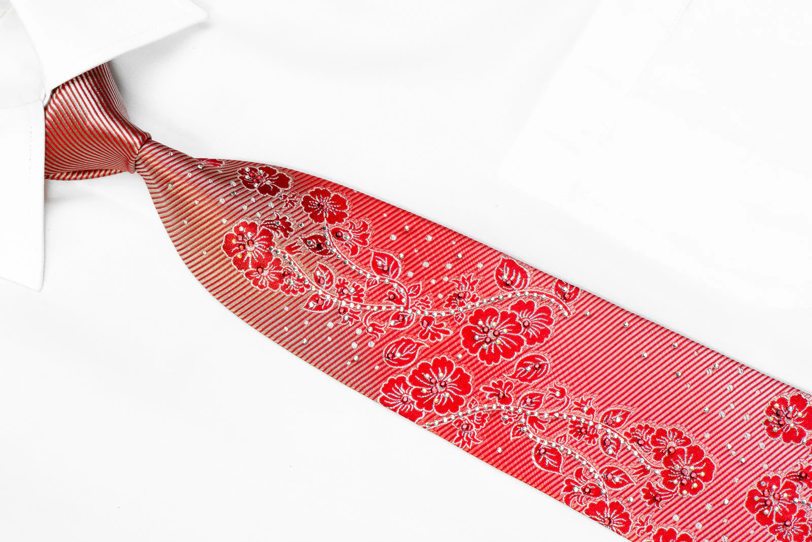 Guy Laroche Men's Rhinestone Necktie Floral On Red With Silver Sparkles - Image 2