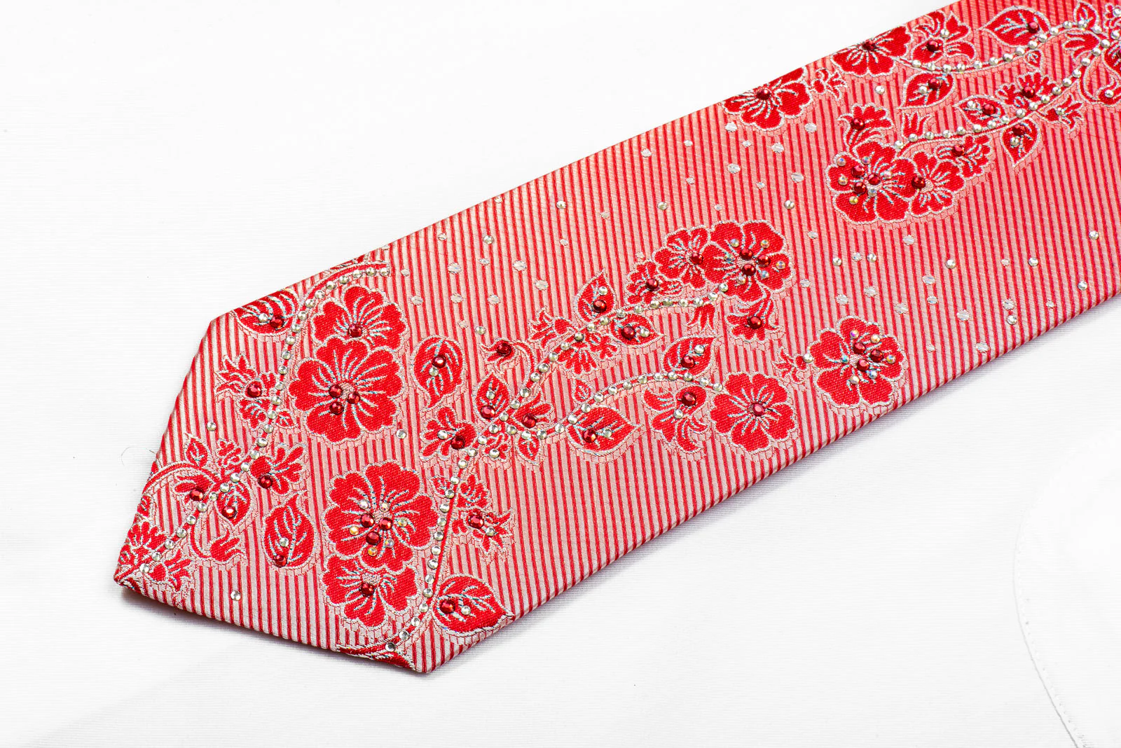 Guy Laroche Men's Rhinestone Necktie Floral On Red With Silver Sparkles - Image 3