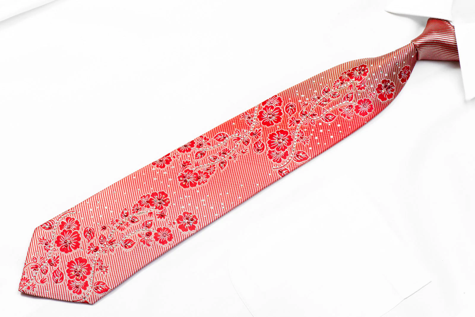 Guy Laroche Men's Rhinestone Necktie Floral On Red With Silver Sparkles - Image 4