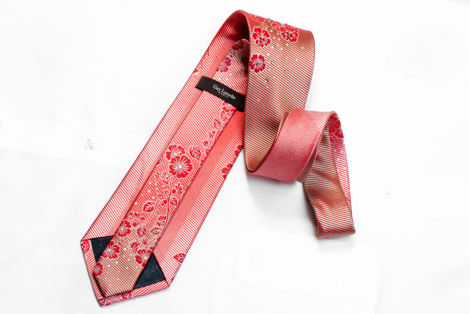 Guy Laroche Men's Rhinestone Necktie Floral On Red With Silver Sparkles - Image 5