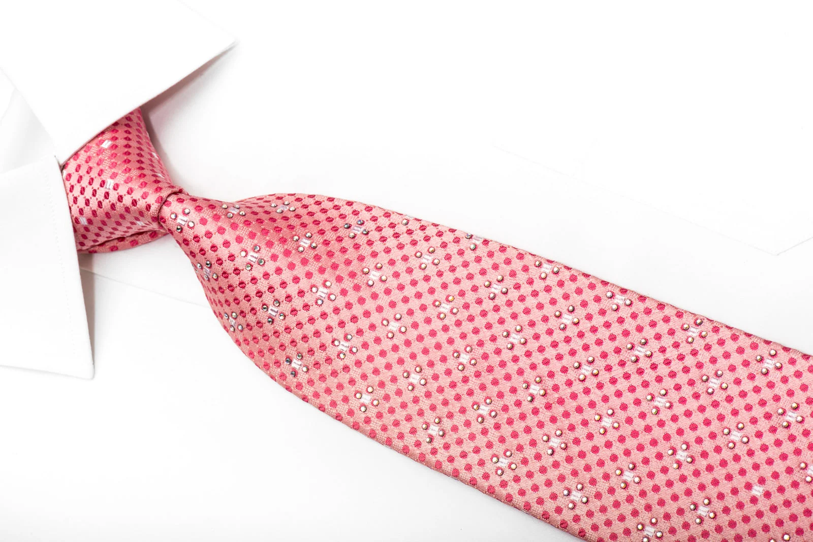 Guy Laroche Men's Silk Necktie Dots On Pink Sparkling With Rhinestones - Image 3