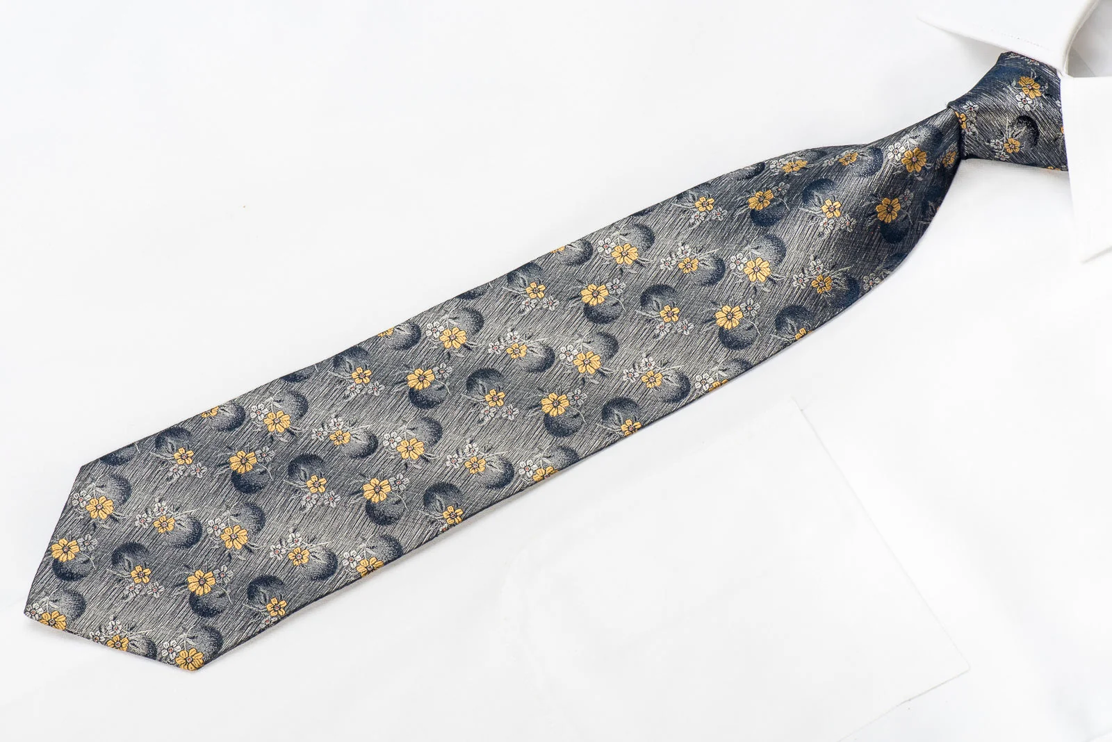 Guy Laroche Men's Silk Tie Yellow Floral On Silver With Pink Sparkles - Image 2