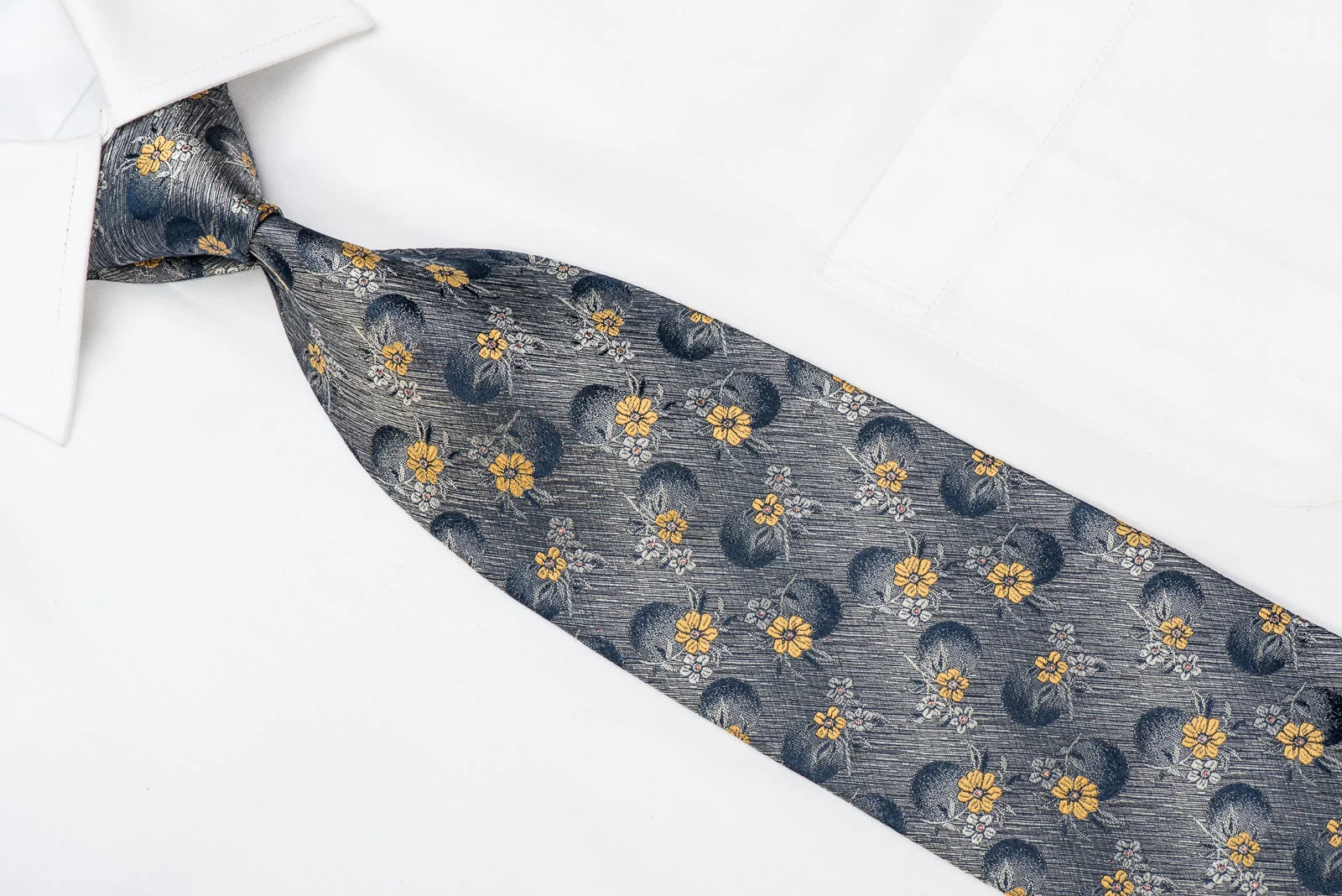 Guy Laroche Men's Silk Tie Yellow Floral On Silver With Pink Sparkles - Image 3