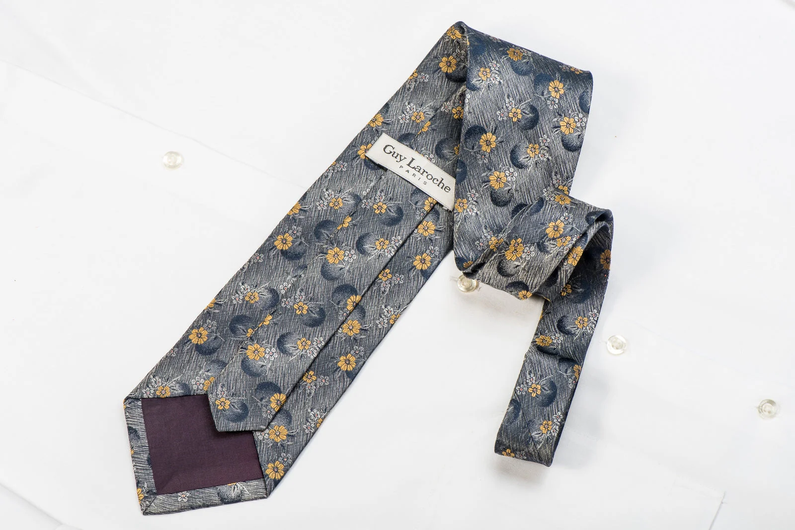 Guy Laroche Men's Silk Tie Yellow Floral On Silver With Pink Sparkles - Image 4