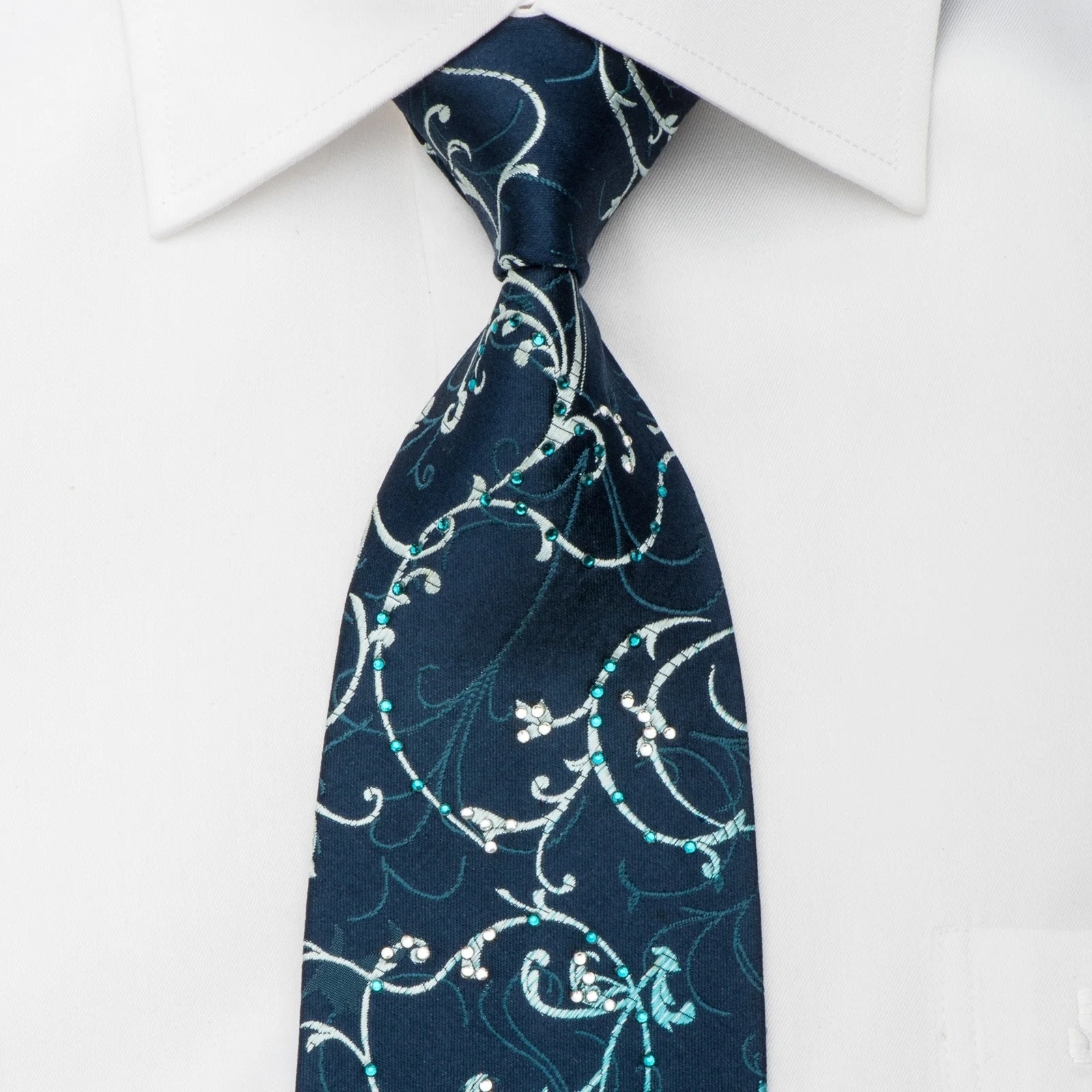 Guy Laroche Mens Rhinestone Silk Necktie Vines On Blue With Sparkles