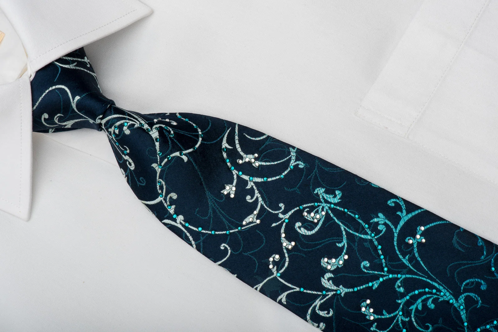 Guy Laroche Mens Rhinestone Silk Necktie Vines On Blue With Sparkles - Image 2
