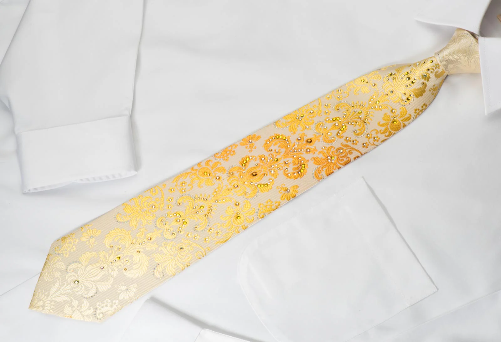 Guy Laroche Rhinestone Necktie Damask On Yellow With Silver Sparkles - Image 3